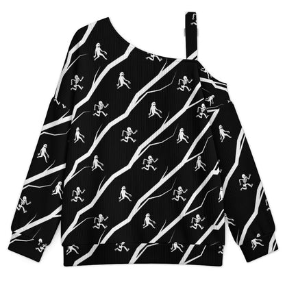 Off-the-shoulder Sweater Running Skeleton,Halloween  Asymmetric Cold Shoulder Knit Sweater for Women, Adjustable Buckle Strap Long Sleeve Casual Slouchy Pullover