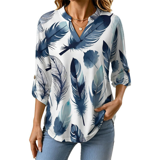 Stand-up Collar Long-sleeved Shirt Feathered Bird  Women’s V-Neck Blouses
