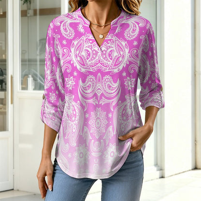 Stand-up Collar Long-sleeved Shirt Paisley  Customization Women’s V-Neck Blouses,long Sleeve,Roll-Up Sleeve Shirt