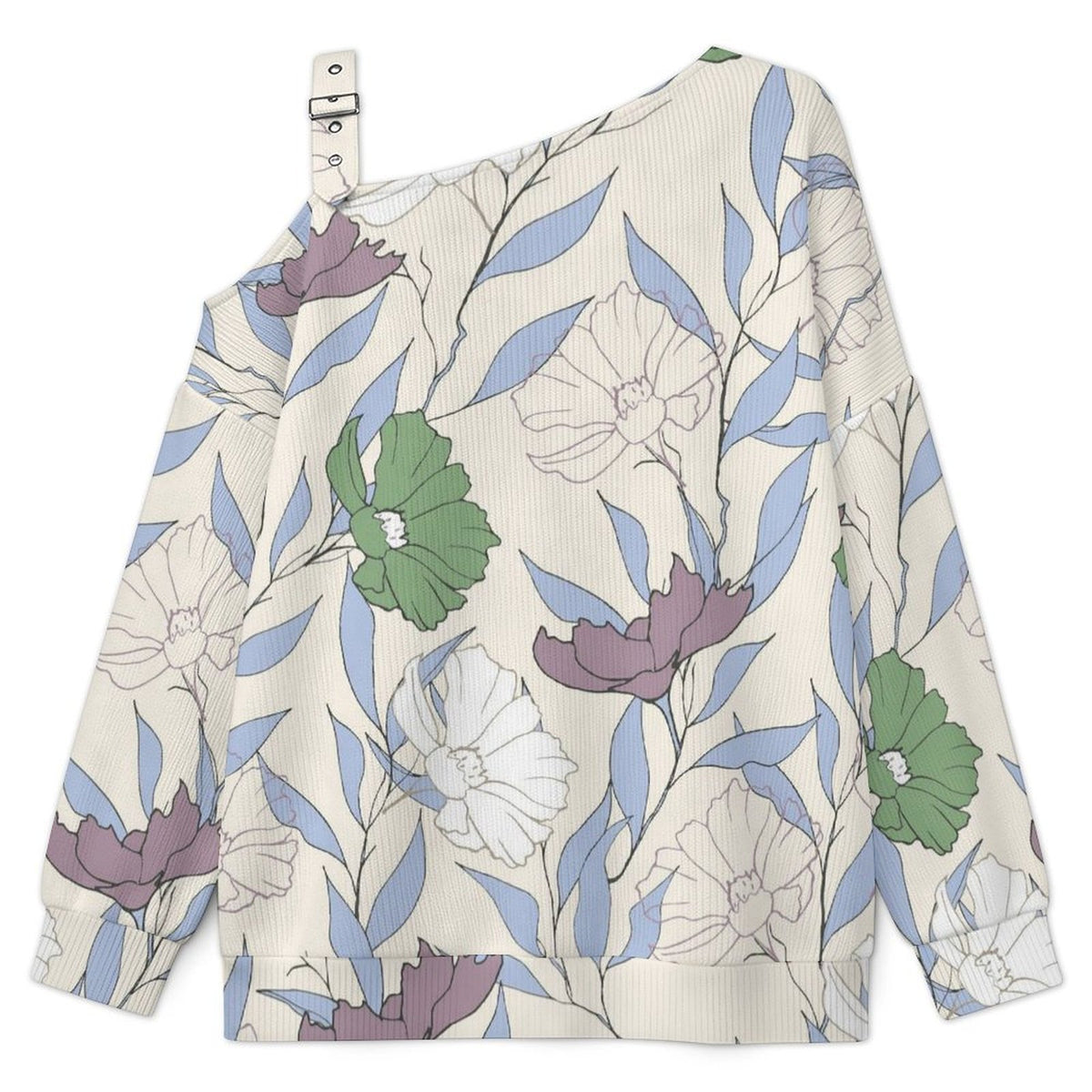 Off-the-shoulder Sweater Flowers  Asymmetric Cold Shoulder Knit Sweater for Women, Adjustable Buckle Strap Long Sleeve Casual Slouchy Pullover