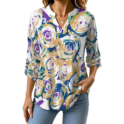 Stand-up Collar Long-sleeved Shirt Vintage Rose Pattern  Customization Women’s V-Neck Blouses,long Sleeve,Roll-Up Sleeve Shirt
