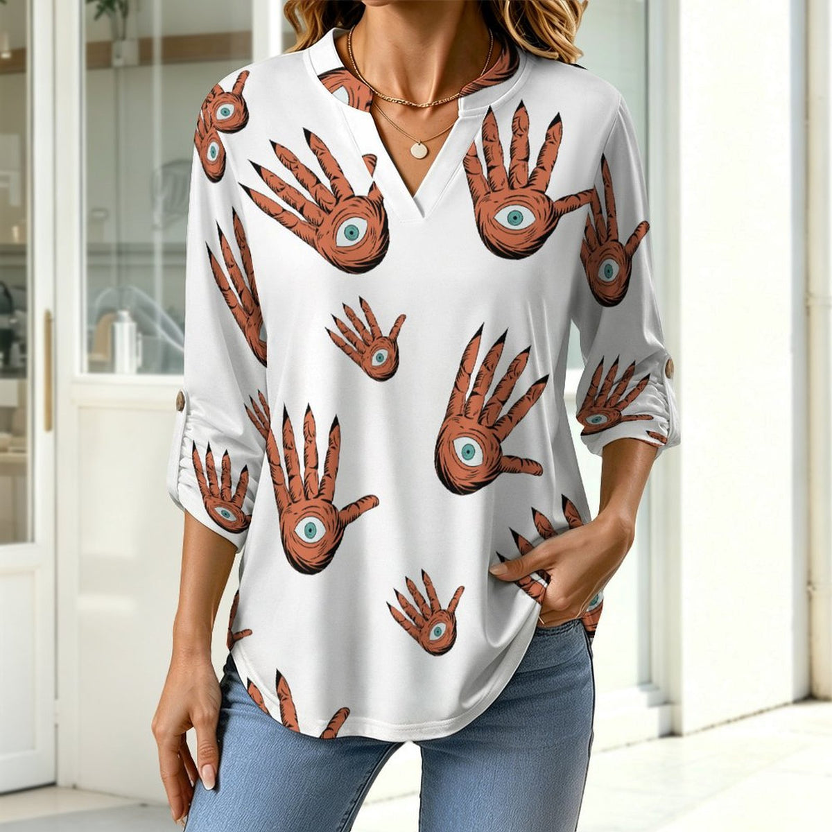 Versatile Notched V-Neck Tunic  Roll Tab 3/4 Sleeve Office Casual Top  Hands, Halloween, Repeating Pattern