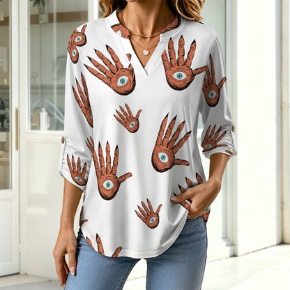 Versatile Notched V-Neck Tunic  Roll Tab 3/4 Sleeve Office Casual Top  Hands, Halloween, Repeating Pattern