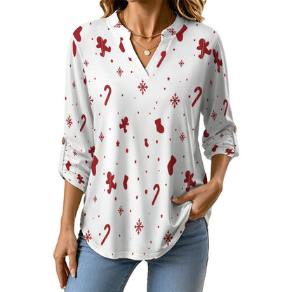 Versatile Notched V-Neck Tunic  Roll Tab 3/4 Sleeve Office Casual Top  Christmas Decorations