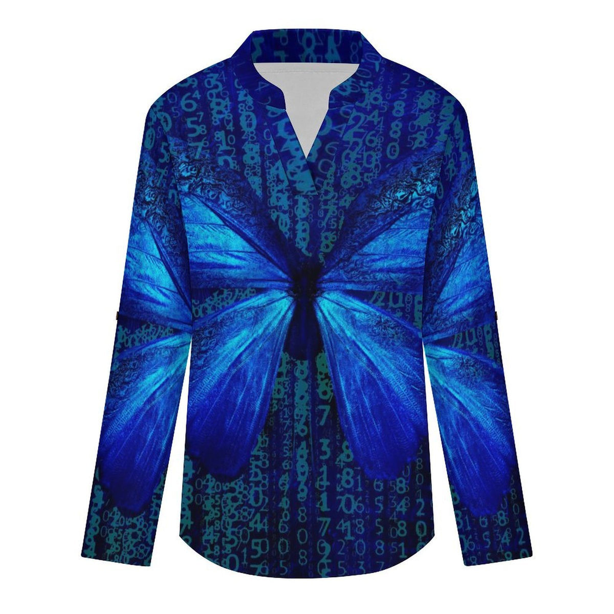 Stand-up Collar Long-sleeved Shirt Digital Butterfly  Customization Women’s V-Neck Blouses,long Sleeve,Roll-Up Sleeve Shirt