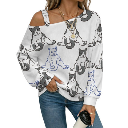 Off-the-shoulder Sweater Cat-lazy-paralyzed-arrogant-sign-black-white-repeat  Asymmetric Cold Shoulder Knit Sweater for Women, Adjustable Buckle Strap Long Sleeve Casual Slouchy Pullover