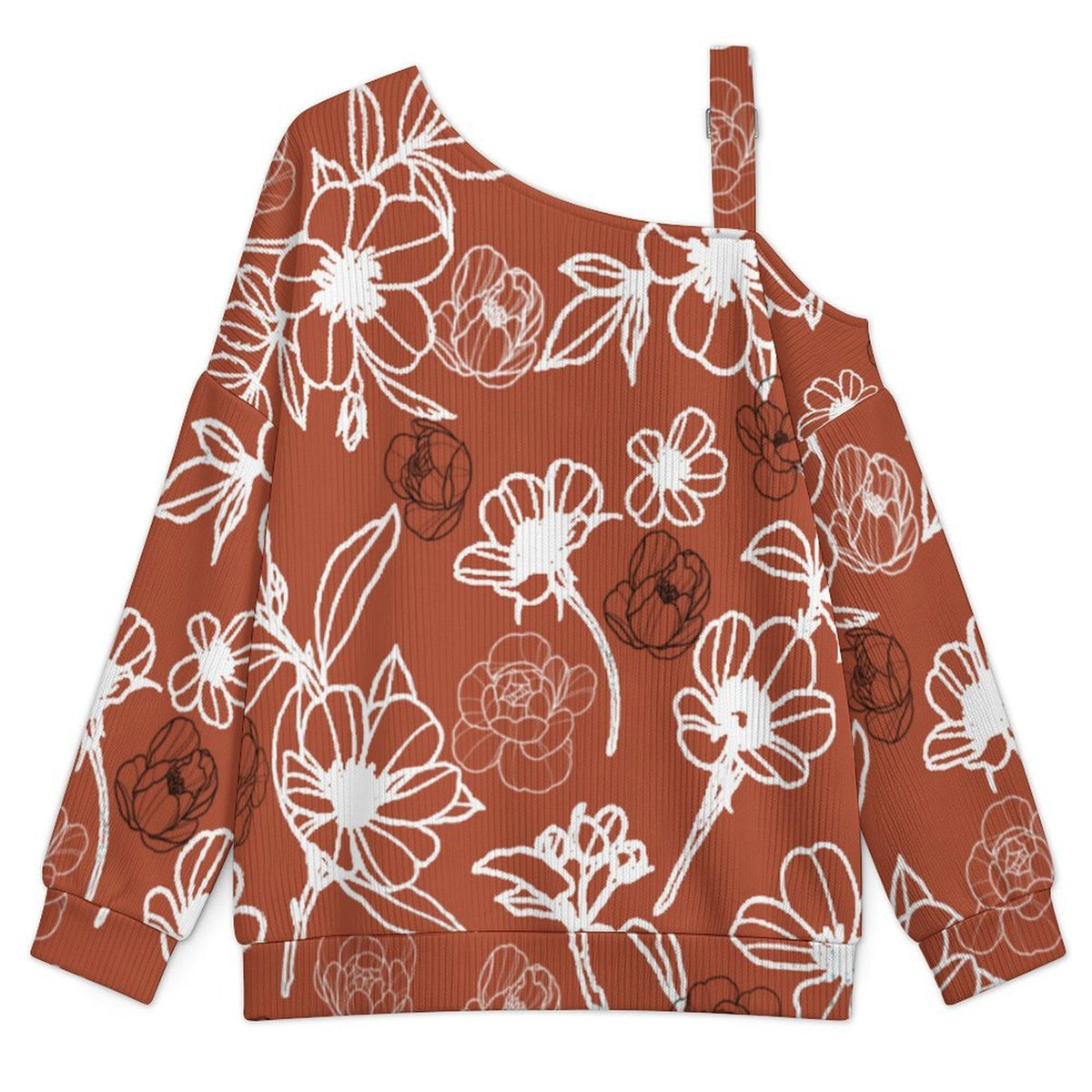 Off-the-shoulder Sweater Gorgeous Red Flowers  Asymmetric Cold Shoulder Knit Sweater for Women, Adjustable Buckle Strap Long Sleeve Casual Slouchy Pullover