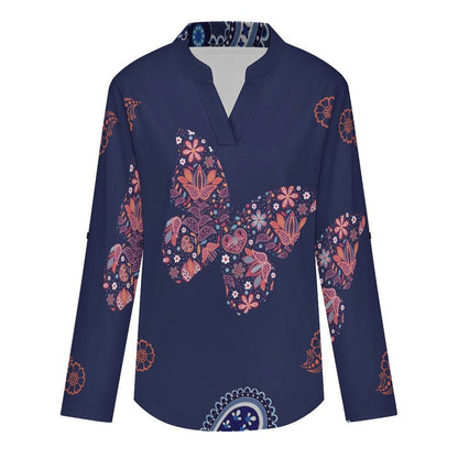 Women's Notched V Neck Tunic Tops, Roll Up 3/4 Sleeve Button Cuff Casual Blouse, Hem Loose Work Shirts  Paisley Texture Butterfly Repeat Tile Texture