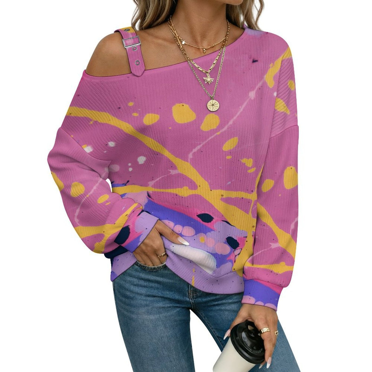 Off-the-shoulder Sweater Shading, Pattern, Abstract  Asymmetric Cold Shoulder Knit Sweater for Women, Adjustable Buckle Strap Long Sleeve Casual Slouchy Pullover