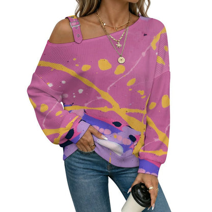 Off-the-shoulder Sweater Shading, Pattern, Abstract  Asymmetric Cold Shoulder Knit Sweater for Women, Adjustable Buckle Strap Long Sleeve Casual Slouchy Pullover