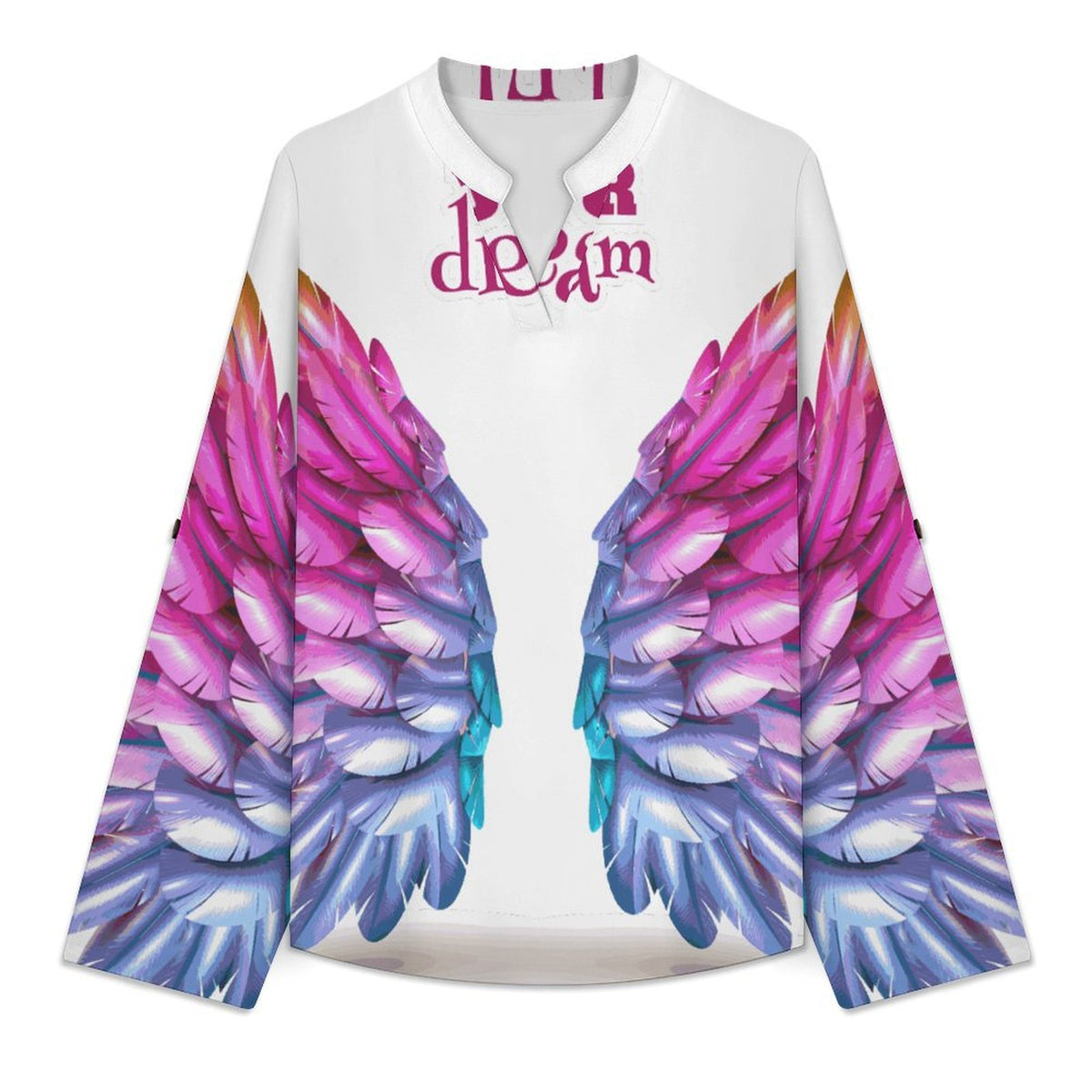 Stand-up Collar Long-sleeved Shirt Fly to Your Dream  Customization Women’s V-Neck Blouses,long Sleeve,Roll-Up Sleeve Shirt