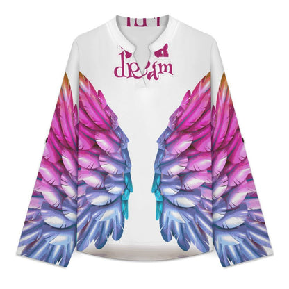Stand-up Collar Long-sleeved Shirt Fly to Your Dream  Customization Women’s V-Neck Blouses,long Sleeve,Roll-Up Sleeve Shirt