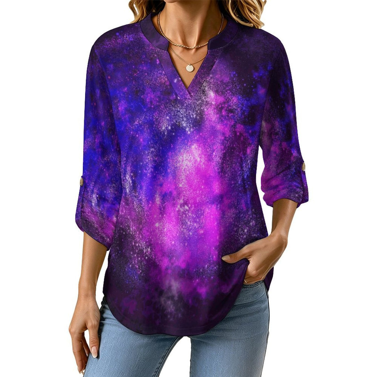 Stand-up Collar Long-sleeved Shirt Purple Starry Sky, Clouds  Customization Women’s V-Neck Blouses,long Sleeve,Roll-Up Sleeve Shirt
