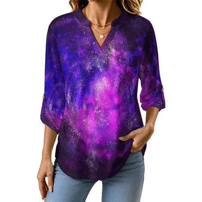 Stand-up Collar Long-sleeved Shirt Purple Starry Sky, Clouds  Customization Women’s V-Neck Blouses,long Sleeve,Roll-Up Sleeve Shirt
