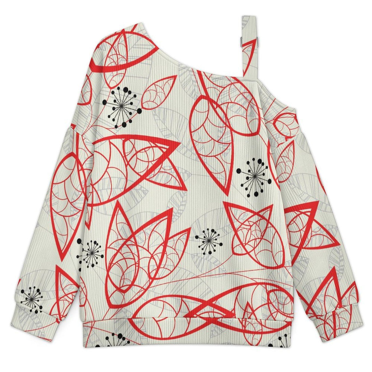 Off-the-shoulder Sweater Red Leaves, Flowers, Pattern Design  Asymmetric Cold Shoulder Knit Sweater for Women, Adjustable Buckle Strap Long Sleeve Casual Slouchy Pullover