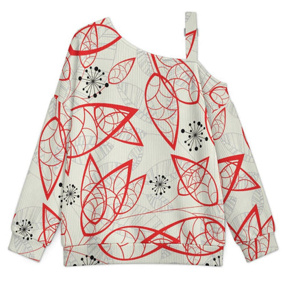 Off-the-shoulder Sweater Red Leaves, Flowers, Pattern Design  Asymmetric Cold Shoulder Knit Sweater for Women, Adjustable Buckle Strap Long Sleeve Casual Slouchy Pullover