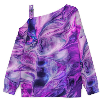 Off-the-shoulder Sweater Purple Water Ripple  Asymmetric Cold Shoulder Knit Sweater for Women, Adjustable Buckle Strap Long Sleeve Casual Slouchy Pullover
