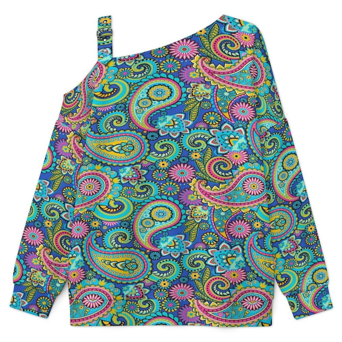 Fall Casual Asymmetric Shoulder Knit Top with Buckle Detail Paisley