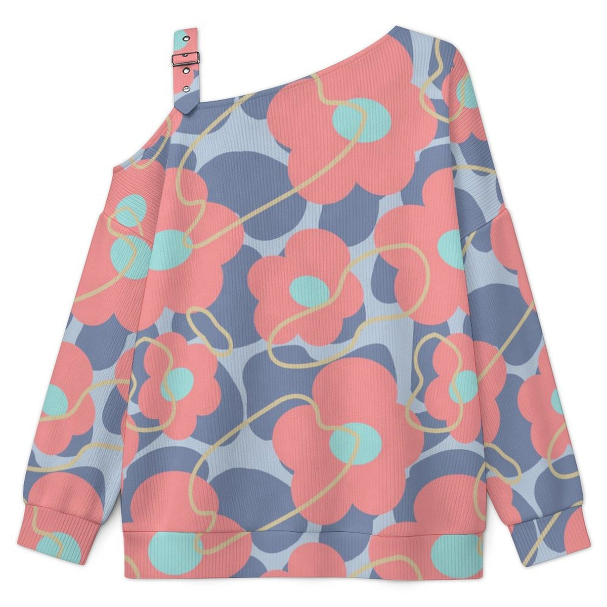 Off-the-shoulder Sweater Flower-repeat-pattern  Asymmetric Cold Shoulder Knit Sweater for Women, Adjustable Buckle Strap Long Sleeve Casual Slouchy Pullover