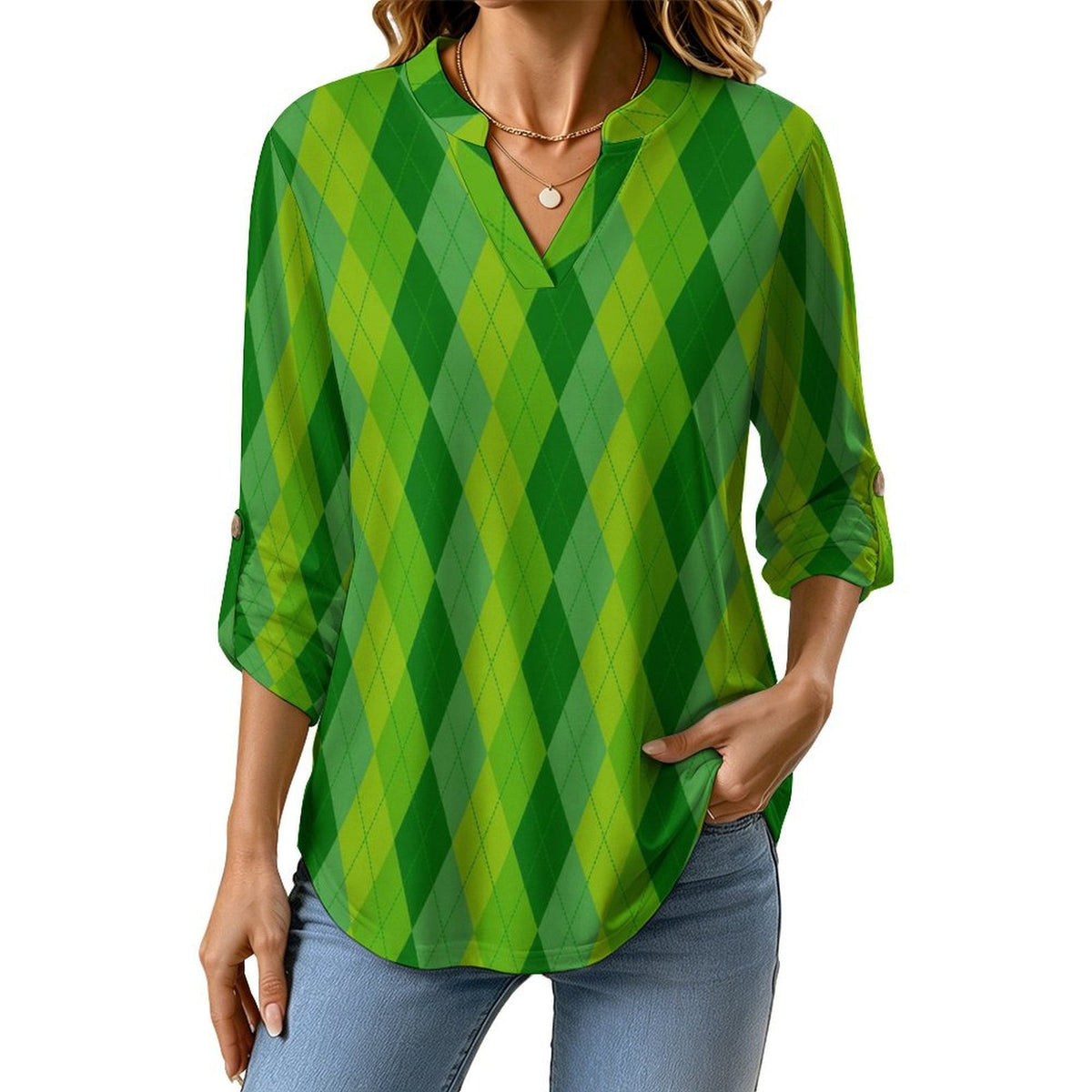 Stand-up Collar Long-sleeved Shirt Green, Rhombic  Customization Women’s V-Neck Blouses,long Sleeve,Roll-Up Sleeve Shirt