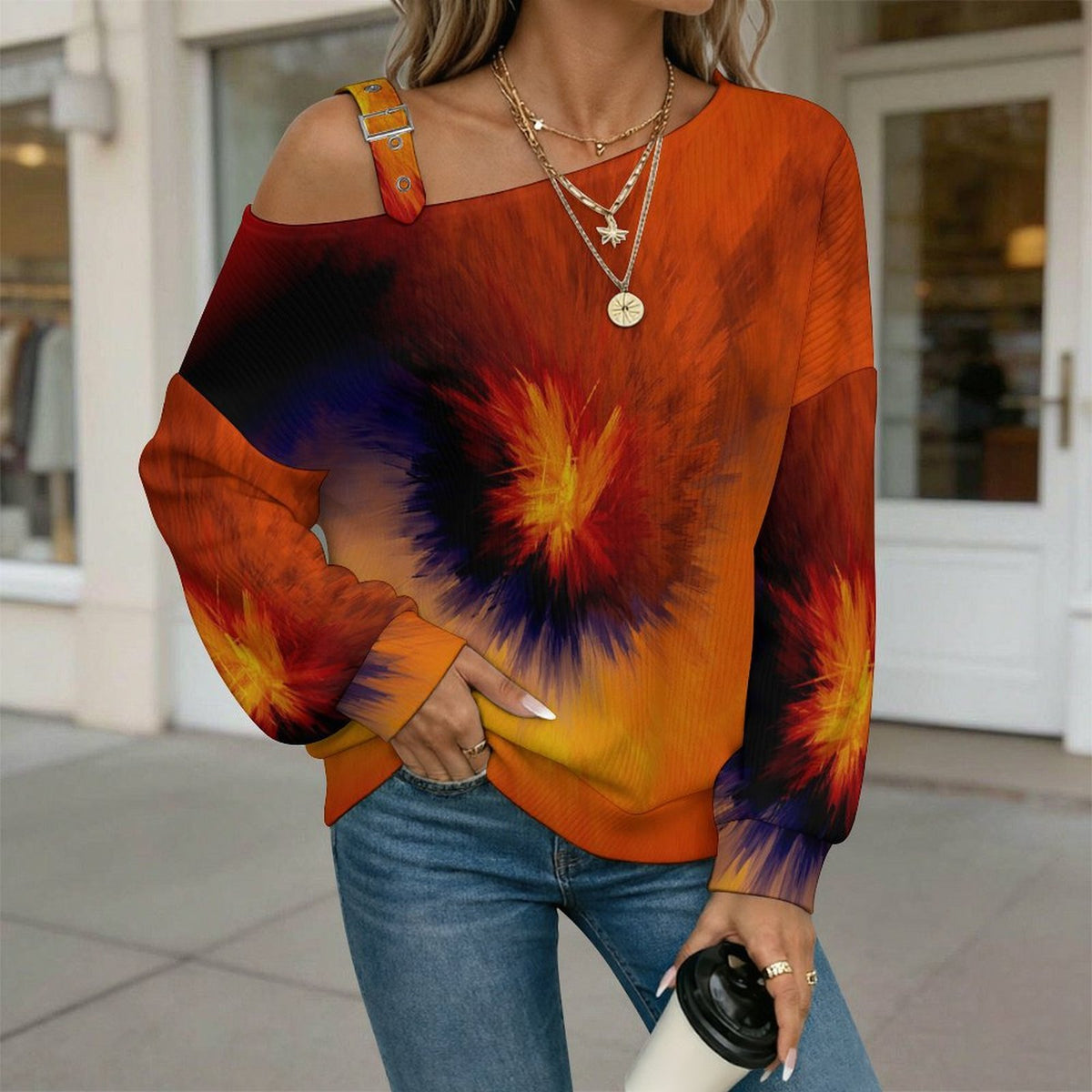 Off-the-shoulder Sweater Tie Dye Red Yellow  Asymmetric Cold Shoulder Knit Sweater for Women, Adjustable Buckle Strap Long Sleeve Casual Slouchy Pullover