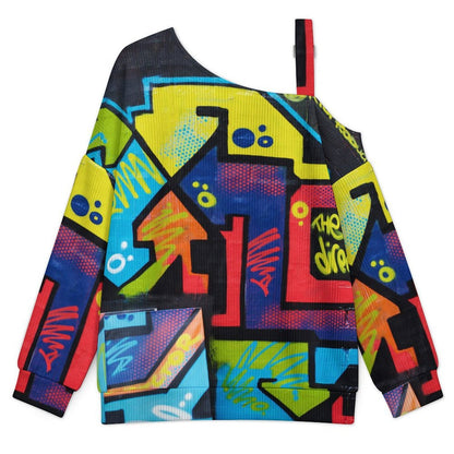 Off-the-shoulder Sweater Color Geometric Graffiti  Asymmetric Cold Shoulder Knit Sweater for Women, Adjustable Buckle Strap Long Sleeve Casual Slouchy Pullover