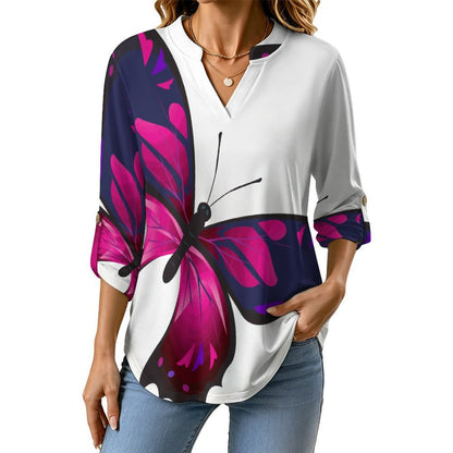 Stand-up Collar Long-sleeved Shirt Butterflies, Insects  Customization Women’s V-Neck Blouses,long Sleeve,Roll-Up Sleeve Shirt