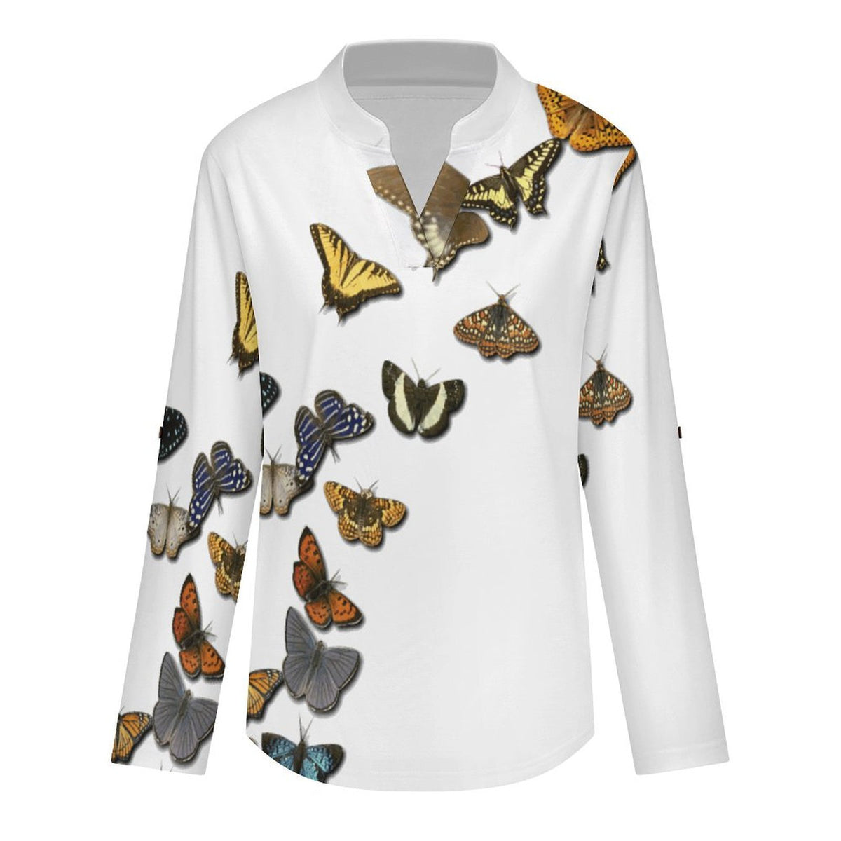 Stand-up Collar Long-sleeved Shirt Colored Butterfly  Customization Women’s V-Neck Blouses,long Sleeve,Roll-Up Sleeve Shirt
