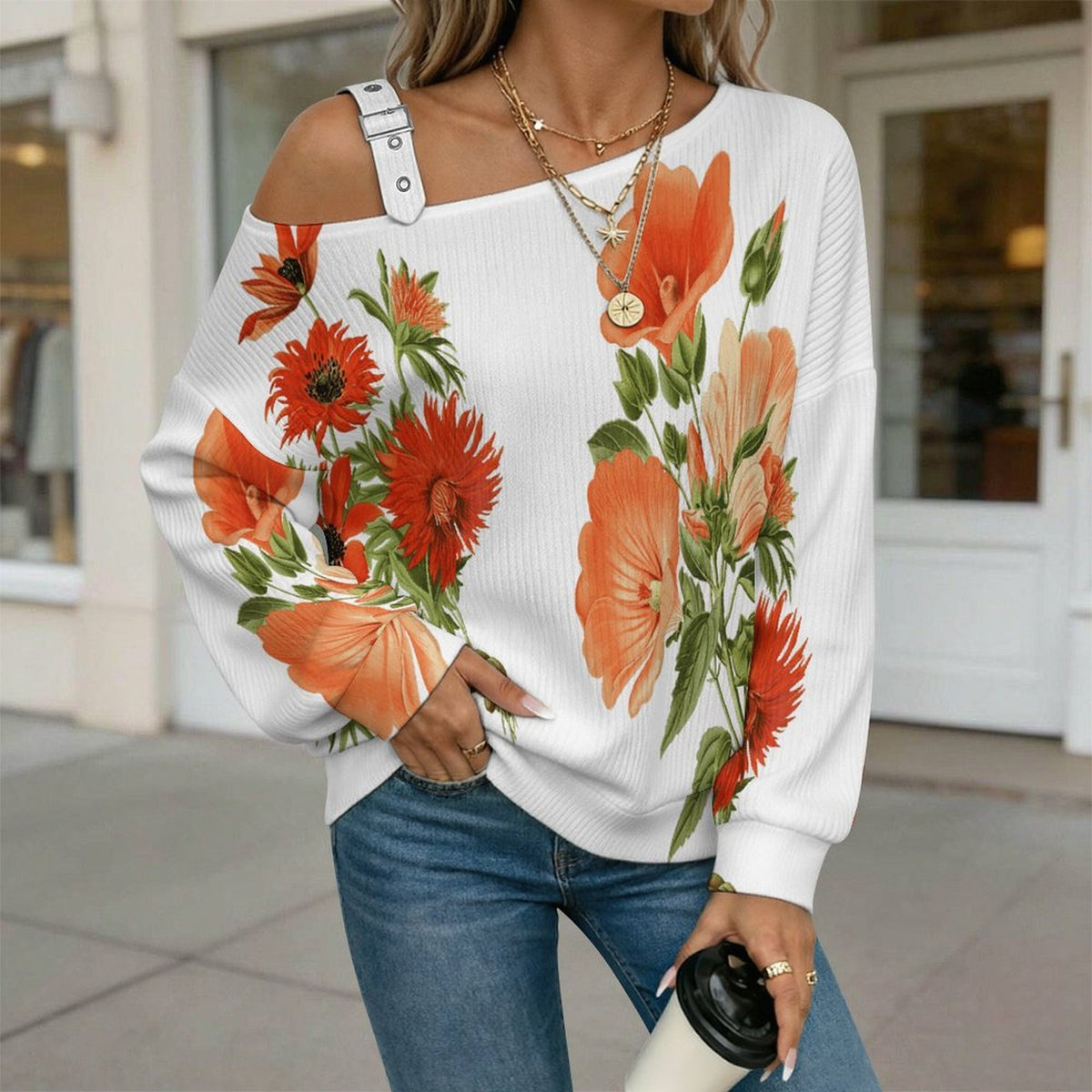 Off-the-shoulder Sweater Chrysanthemum  Asymmetric Cold Shoulder Knit Sweater for Women, Adjustable Buckle Strap Long Sleeve Casual Slouchy Pullover