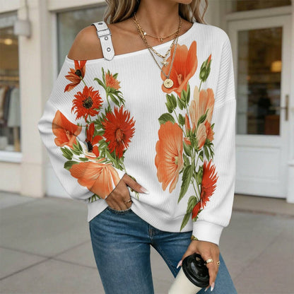 Off-the-shoulder Sweater Chrysanthemum  Asymmetric Cold Shoulder Knit Sweater for Women, Adjustable Buckle Strap Long Sleeve Casual Slouchy Pullover