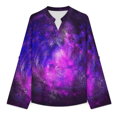 Stand-up Collar Long-sleeved Shirt Purple Starry Sky, Clouds  Customization Women’s V-Neck Blouses,long Sleeve,Roll-Up Sleeve Shirt
