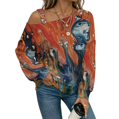 Off-the-shoulder Sweater Pattern  Asymmetric Cold Shoulder Knit Sweater for Women, Adjustable Buckle Strap Long Sleeve Casual Slouchy Pullover
