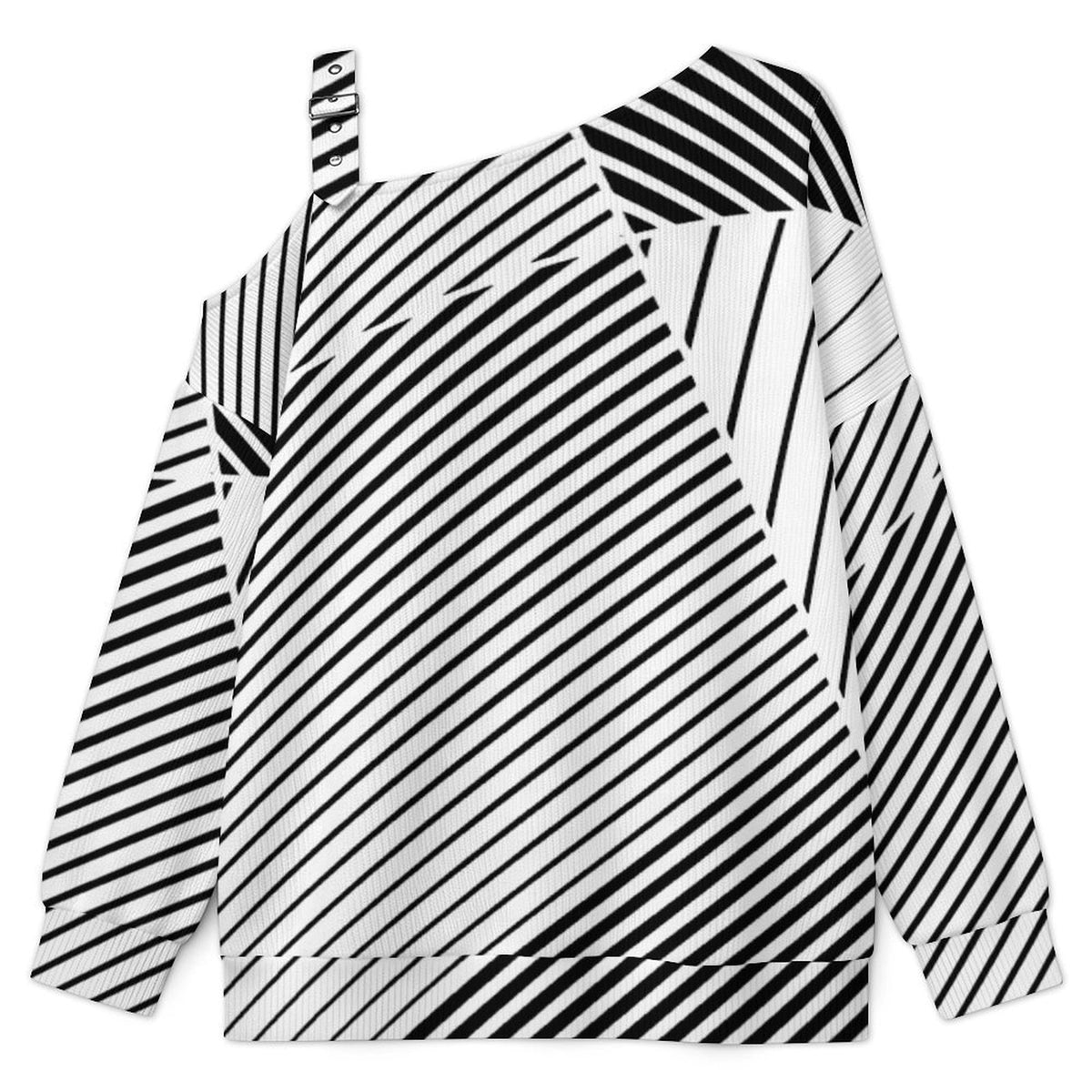 Off-the-shoulder Sweater Stripe  Asymmetric Cold Shoulder Knit Sweater for Women, Adjustable Buckle Strap Long Sleeve Casual Slouchy Pullover