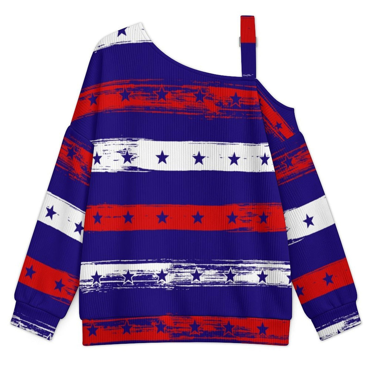 Off-the-shoulder Sweater Stars Stripe  Asymmetric Cold Shoulder Knit Sweater for Women, Adjustable Buckle Strap Long Sleeve Casual Slouchy Pullover