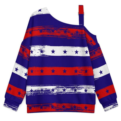 Off-the-shoulder Sweater Stars Stripe  Asymmetric Cold Shoulder Knit Sweater for Women, Adjustable Buckle Strap Long Sleeve Casual Slouchy Pullover