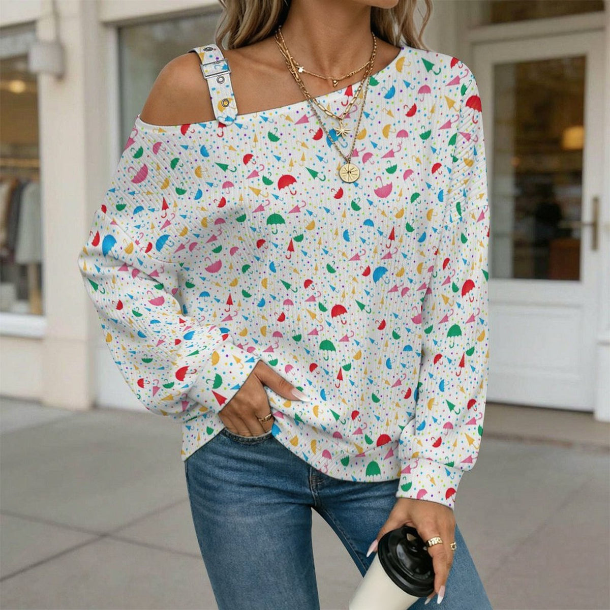 Buckle Strap Asymmetrical Off Shoulder Knit Sweater Color Umbrella
