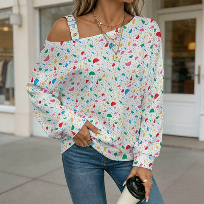 Buckle Strap Asymmetrical Off Shoulder Knit Sweater Color Umbrella