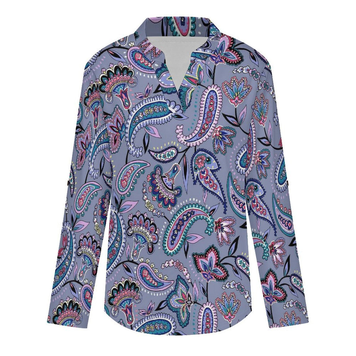 Stand-up Collar Long-sleeved Shirt Paisley  Customization Women’s V-Neck Blouses,long Sleeve,Roll-Up Sleeve Shirt