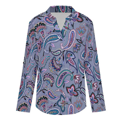 Stand-up Collar Long-sleeved Shirt Paisley  Customization Women’s V-Neck Blouses,long Sleeve,Roll-Up Sleeve Shirt
