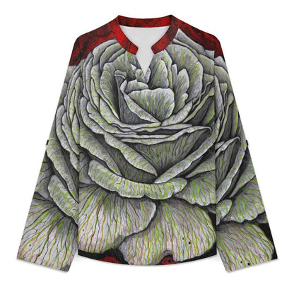 Stand-up Collar Long-sleeved Shirt Rose Artstic  Customization Women’s V-Neck Blouses,long Sleeve,Roll-Up Sleeve Shirt