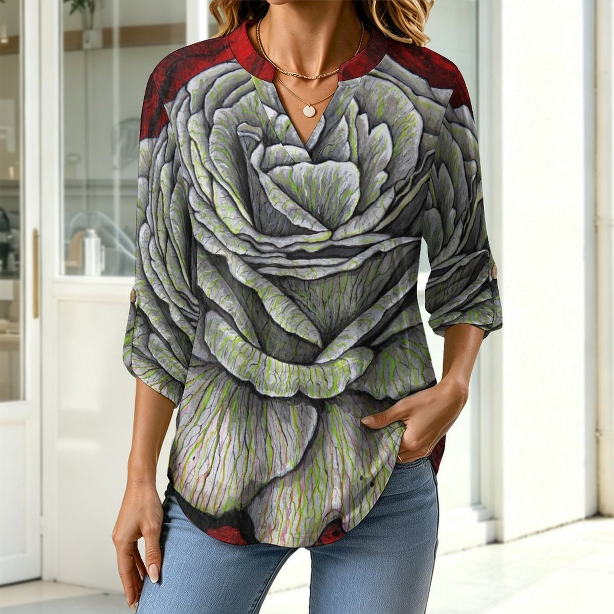 Stand-up Collar Long-sleeved Shirt Rose Artstic  Customization Women’s V-Neck Blouses,long Sleeve,Roll-Up Sleeve Shirt
