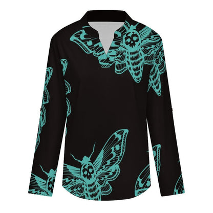 Stand-up Collar Long-sleeved Shirt Moth - Black - Green - Repeat Pattern - Women's Dress - Hip Wrap Skirt  Customization Women’s V-Neck Blouses,long Sleeve,Roll-Up Sleeve Shirt