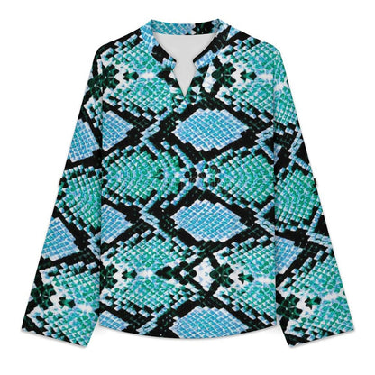 Stand-up Collar Long-sleeved Shirt Snake Skin  Customization Women’s V-Neck Blouses,long Sleeve,Roll-Up Sleeve Shirt