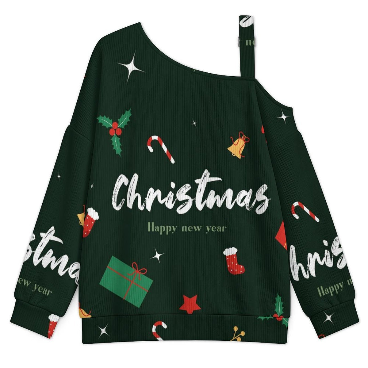 Off-the-shoulder Sweater Christmas Slogn  Asymmetric Cold Shoulder Knit Sweater for Women, Adjustable Buckle Strap Long Sleeve Casual Slouchy Pullover