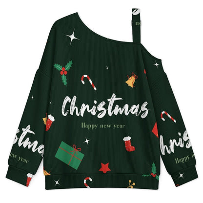 Off-the-shoulder Sweater Christmas Slogn  Asymmetric Cold Shoulder Knit Sweater for Women, Adjustable Buckle Strap Long Sleeve Casual Slouchy Pullover