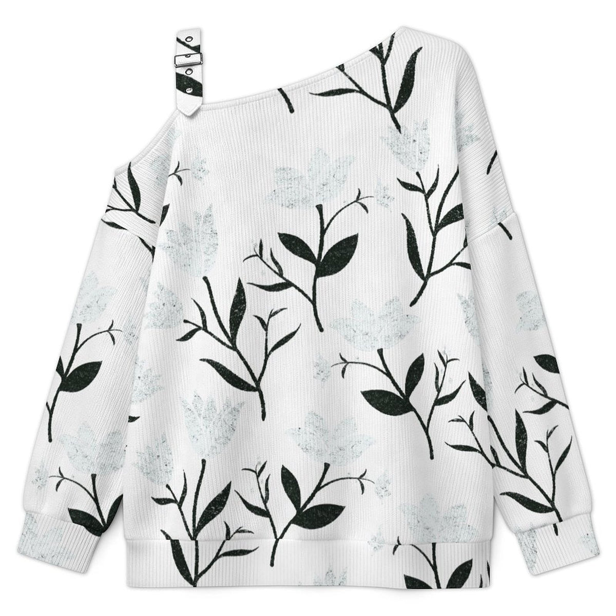 Off-the-shoulder Sweater White Flowers  Asymmetric Cold Shoulder Knit Sweater for Women, Adjustable Buckle Strap Long Sleeve Casual Slouchy Pullover