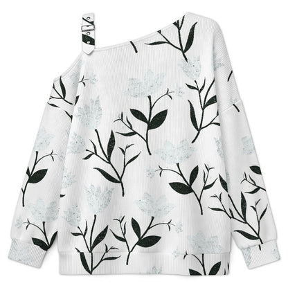 Off-the-shoulder Sweater White Flowers  Asymmetric Cold Shoulder Knit Sweater for Women, Adjustable Buckle Strap Long Sleeve Casual Slouchy Pullover
