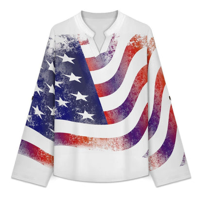 Stand-up Collar Long-sleeved Shirt National Flag, History, War  Customization Women’s V-Neck Blouses,long Sleeve,Roll-Up Sleeve Shirt