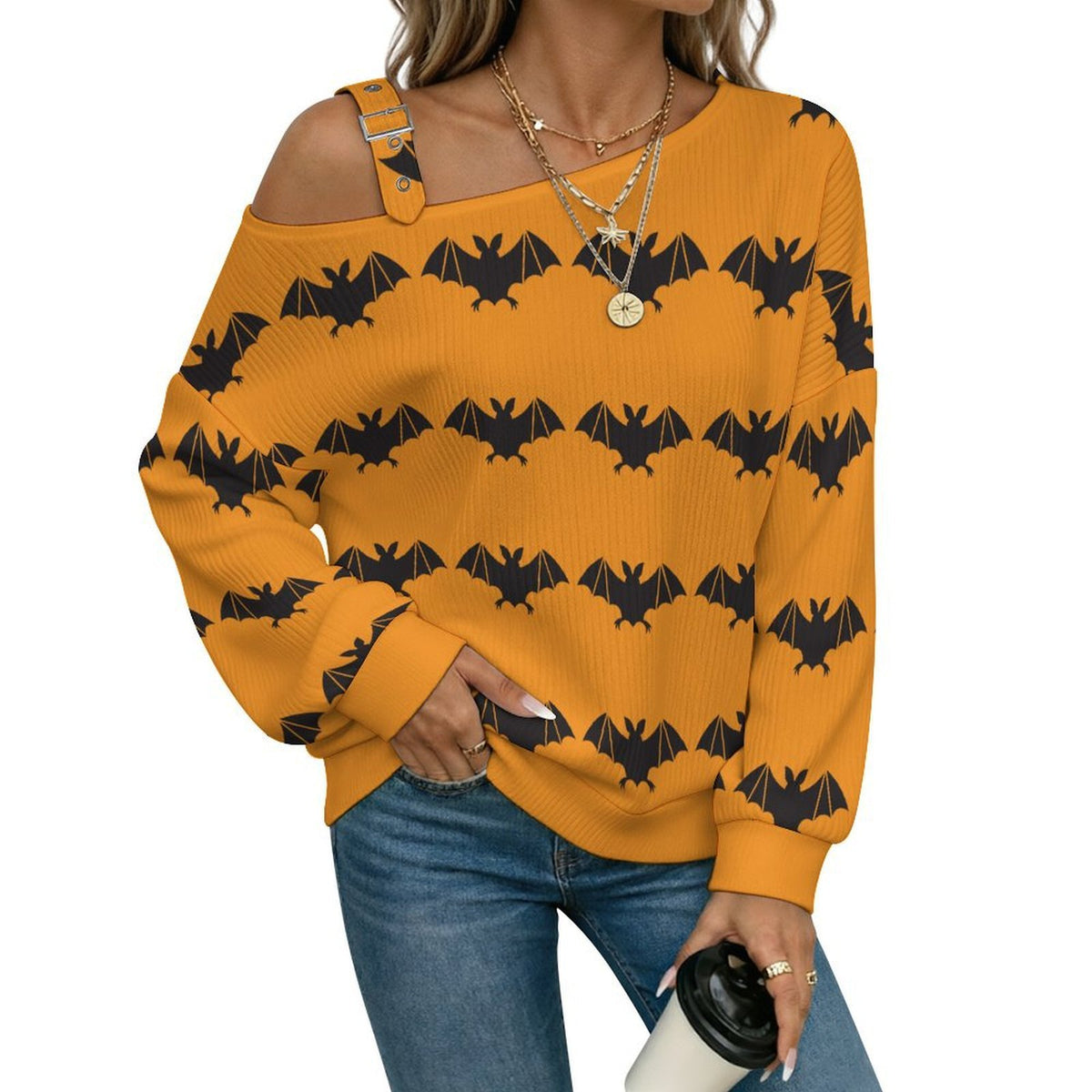 Yellow, Bat Background Fall Casual Asymmetric Shoulder Knit Top with Buckle Detail