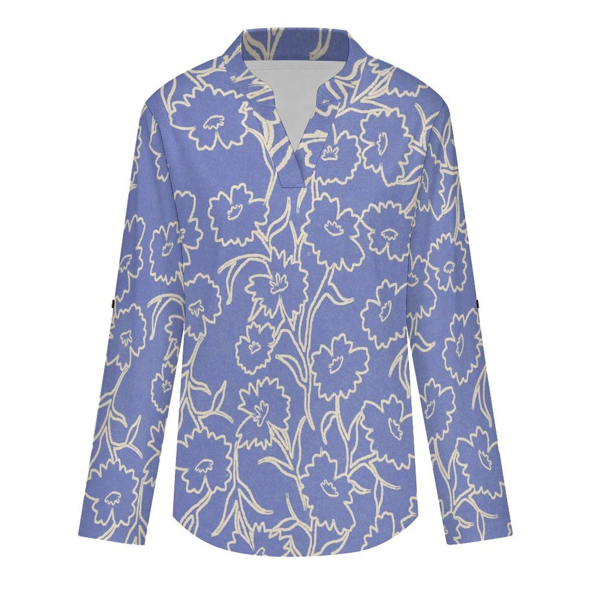 Repeat Flower Blue  Women Curved Hem V Neck Roll Sleeve Casual Work Top